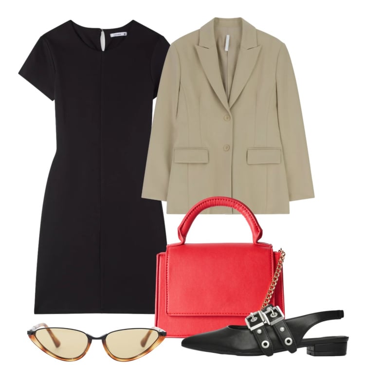 Outfit donna - Ufficio. Stile Bon Ton per Ufficio. Abbinamento con ballerine, vestiti corti, borse a tracolla, occhiali da sole, blazer.