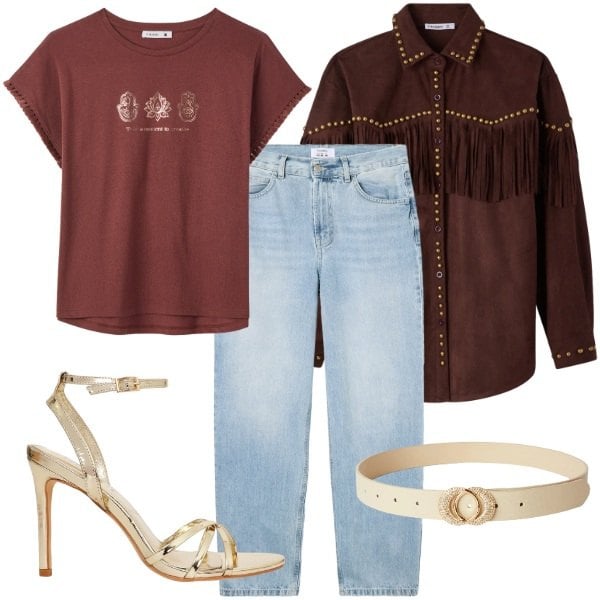Outfit donna - Selvaggia - New Collection Terranova. Stile Boho per Tutti i giorni. Abbinamento con jeans dritti, camicie, t-shirt, cinture, sandali col tacco.
