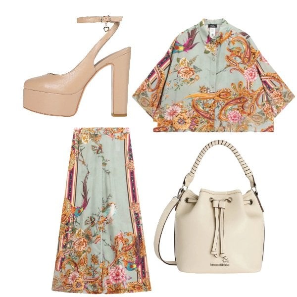 Outfit donna - Total look #2359942. Stile Chic per Cerimonia. Abbinamento con décolleté, borse a secchiello, pantaloni a palazzo, camicie.