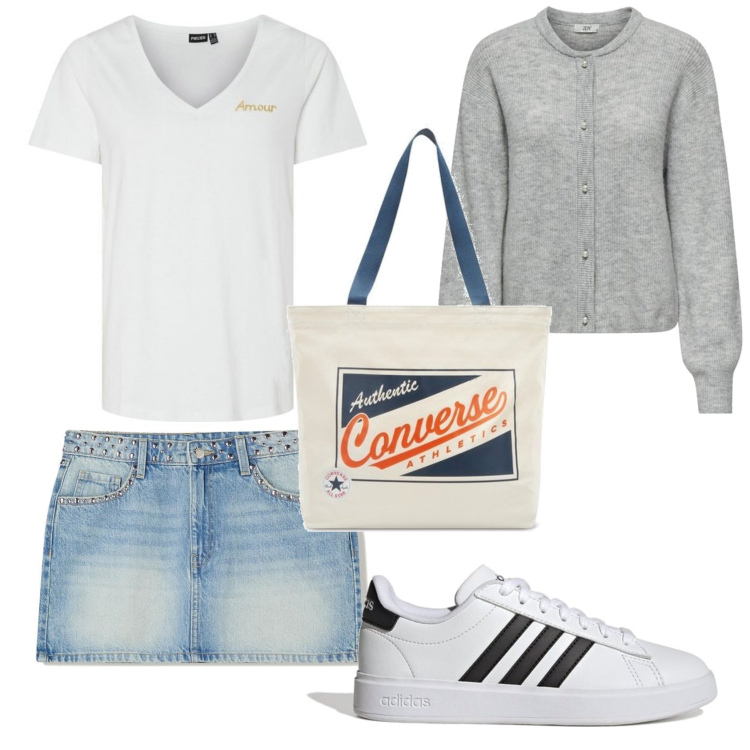Outfit mujer - Casual look. Estilo Casual para Todos los días. Combinación con sneakers, bolso tote, faldas, camiseta, blazers.