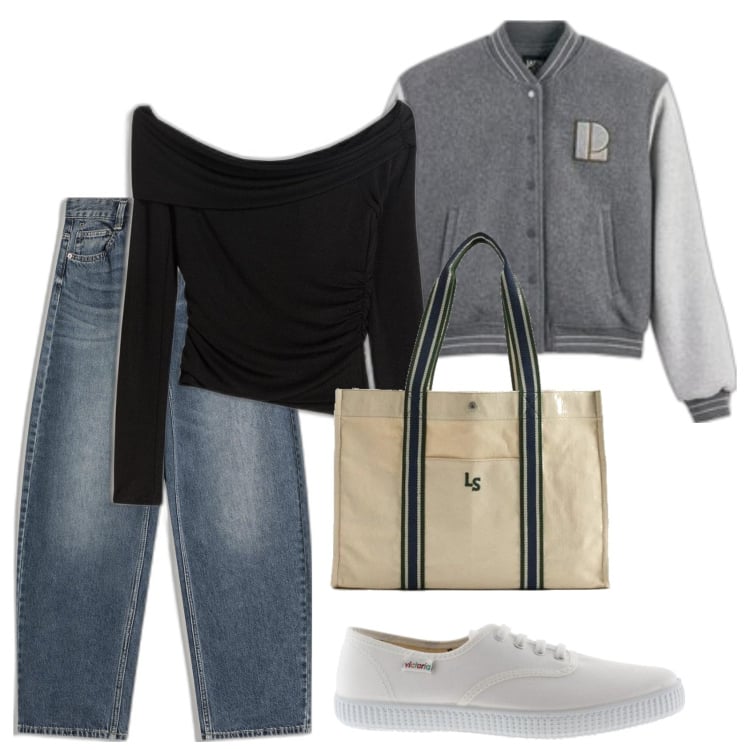 Outfit mujer - Casual look. Estilo Casual para Todos los días. Combinación con top, vaqueros, sneakers, blazers, bolso tote.