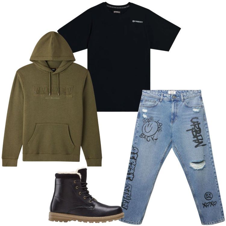 Outfit uomo - Total look #2359956. Stile Urban per Tutti i giorni. Abbinamento con stivali e stivaletti, felpe con cappuccio, jeans strappati, t-shirt.