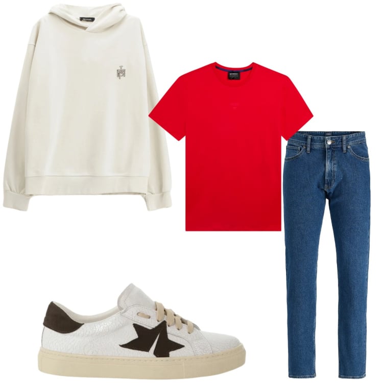 Outfit uomo - Total look #2359957. Stile Trendy per Tutti i giorni. Abbinamento con jeans, felpe con cappuccio, sneakers, t-shirt.