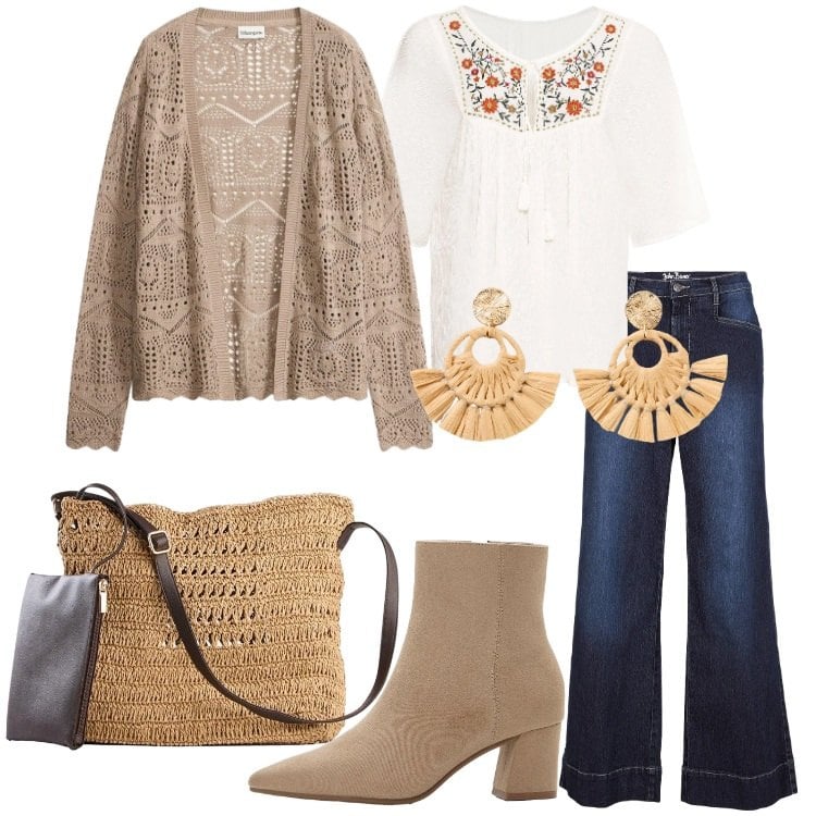 Outfit donna - Boho style primaverile. Stile Boho per Tutti i giorni. Abbinamento con jeans, cardigans, tuniche, borse a tracolla, orecchini, stivaletti.