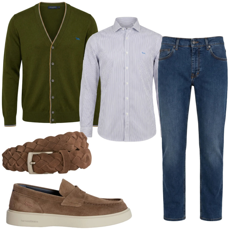 Outfit uomo - Total look #2359968. Stile Business/Elegante per Ufficio. Abbinamento con cardigans, jeans, scarpe stringate, cinture, camicie.