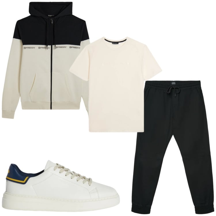 Outfit uomo - Total look #2359969. Stile Trendy per Sport. Abbinamento con sneakers, pantaloni corti, t-shirt sportive, felpe con cappuccio.