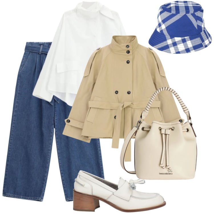 Outfit donna - Total look #2359978. Stile Urban per Tutti i giorni. Abbinamento con mocassini, cappelli, borse a secchiello, trench, camicie, jeans.