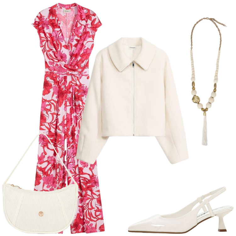 Outfit donna - Fantasie floreali a marzo. Stile Casual per Tutti i giorni. Abbinamento con tute, blazer, décolleté, ciondoli, borse a mano.