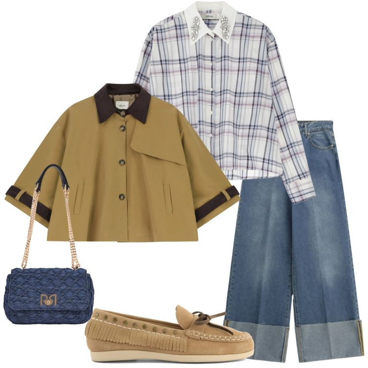 Outfit donna - Tutti i giorni. Stile Sporty chic per Tutti i giorni. Abbinamento con parka, jeans, camicie, borse a spalla, mocassini.