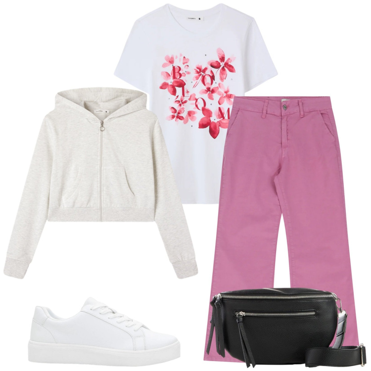 Outfit donna - Total look #2359986. Stile Casual per Tutti i giorni. Abbinamento con sneakers, marsupi, felpe con cappuccio, t-shirt, jeans.