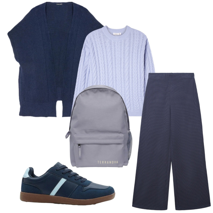 Outfit donna - Total look #2359992. Stile Casual per Tutti i giorni. Abbinamento con sneakers, zaini, pantaloni, maglieria, gilet.