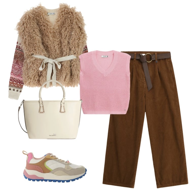 Outfit donna - Total look #2359993. Stile Trendy per Tutti i giorni. Abbinamento con shopping bag, pantaloni a palazzo, sneakers, maglieria, top.