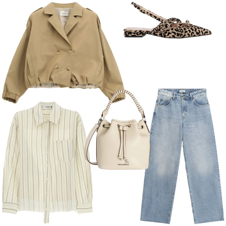 Outfit donna - Slingback & trench. Stile Casual chic per Tutti i giorni. Abbinamento con ballerine, borse a secchiello, jeans dritti, bomber, camicie.