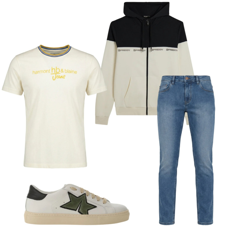 Outfit uomo - Total look #2359997. Stile Trendy per Tutti i giorni. Abbinamento con t-shirt, jeans, sneakers, felpe con cappuccio.
