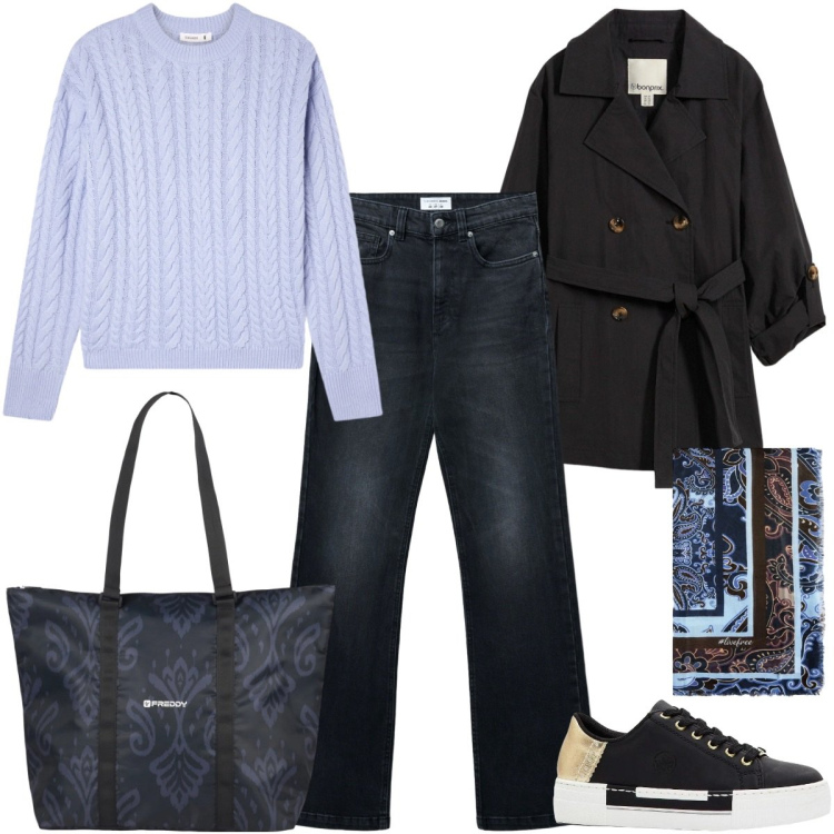 Outfit donna - Total look #2360003. Stile Urban per Tutti i giorni. Abbinamento con sneakers, trench, maglieria, jeans bootcut, foulard, shopping bag.