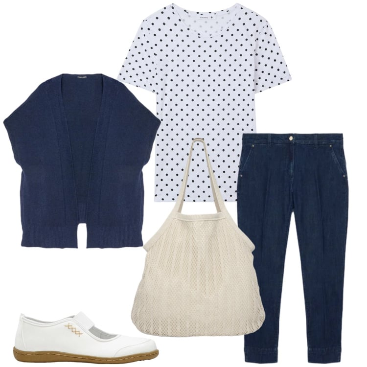 Outfit donna - Total look #2360005. Stile Casual per Tutti i giorni. Abbinamento con ballerine, t-shirt, shopping bag, jeans, gilet.