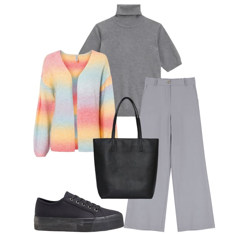 Outfit donna - Total look #2360006. Stile Casual chic per Tutti i giorni. Abbinamento con sneakers, cardigans, borse tote, maglieria, pantaloni a palazzo.