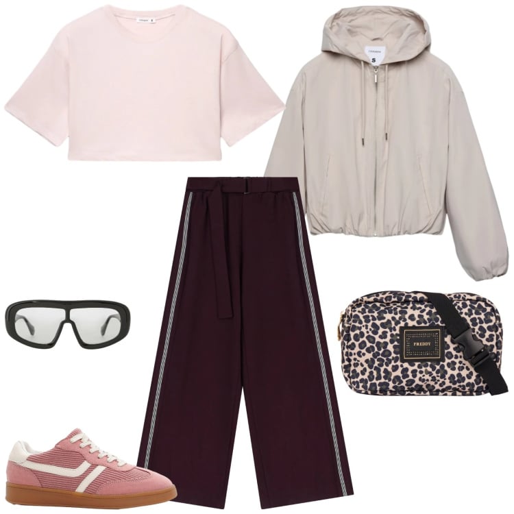 Outfit donna - Total look #2360007. Stile Basic per Sport. Abbinamento con sneakers, bomber, t-shirt, pantaloni a palazzo, occhiali da sole, marsupi.