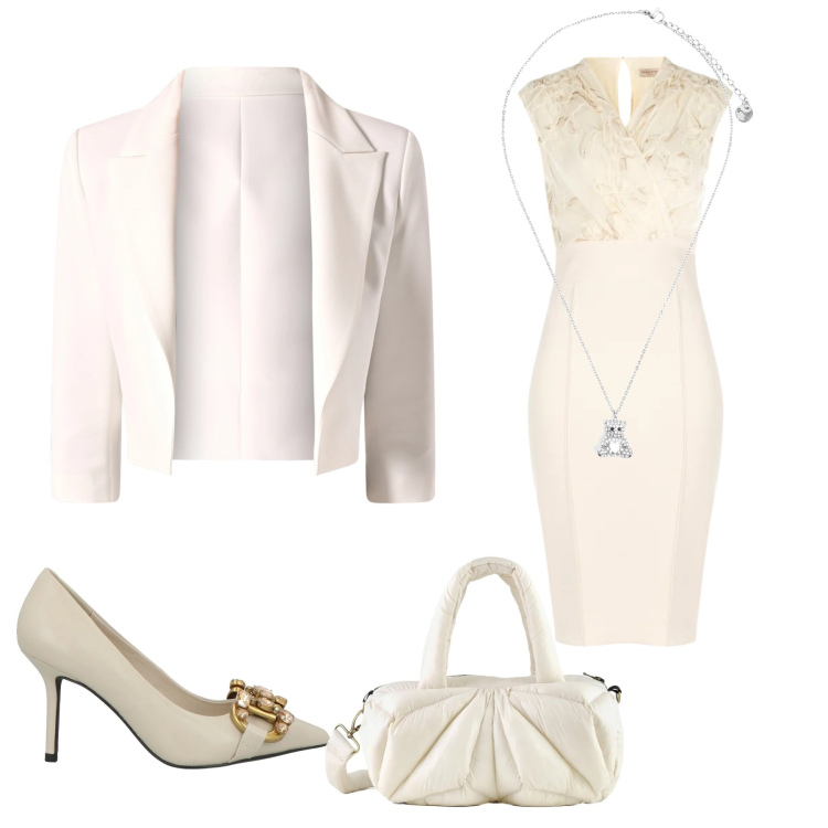 Outfit donna - Total White. Stile Casual per Tutti i giorni. Abbinamento con décolleté, ciondoli, blazer, vestiti midi/longuette, borse a mano.