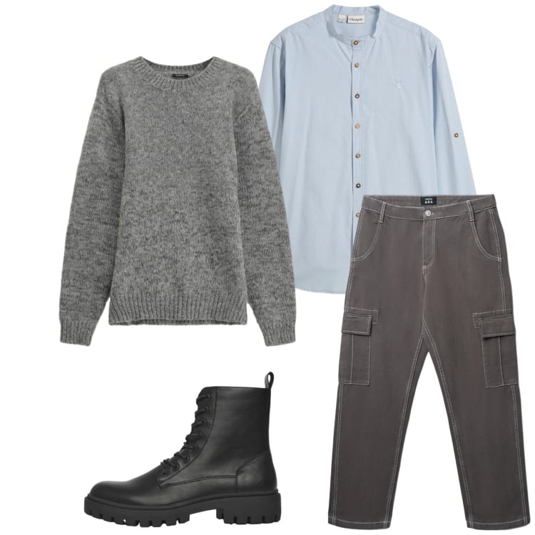 Outfit uomo - Total look #2360021. Stile Trendy per Tutti i giorni. Abbinamento con camicie, anfibi, pantaloni cargo, maglieria.