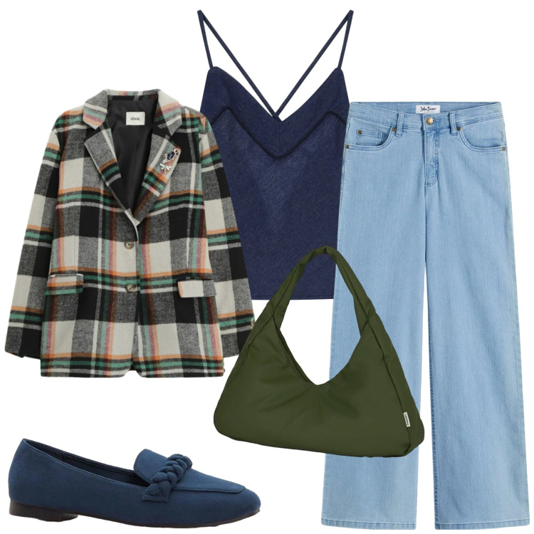 Outfit donna - Total look #2360028. Stile Casual chic per Tutti i giorni. Abbinamento con jeans, mocassini, blazer, top, borse a spalla.