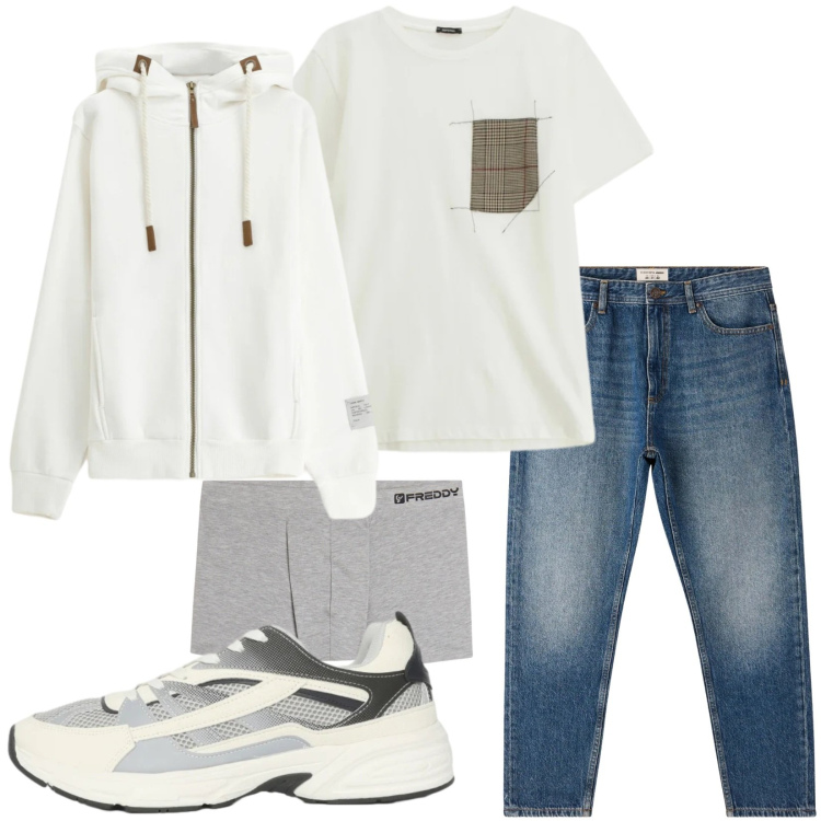 Outfit uomo - Total look #2360031. Stile Casual per Tutti i giorni. Abbinamento con t-shirt, felpe con cappuccio, jeans, sneakers, boxer.