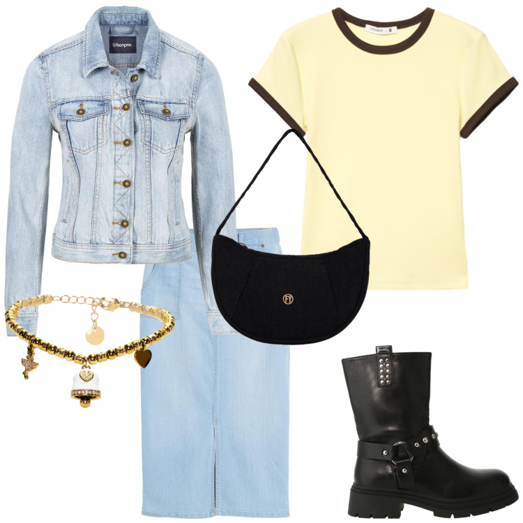 Outfit donna - Stile Urban di primavera. Stile Urban per Tutti i giorni. Abbinamento con giacche sportive, gonne, stivali, t-shirt, borse a mano, braccialetti.