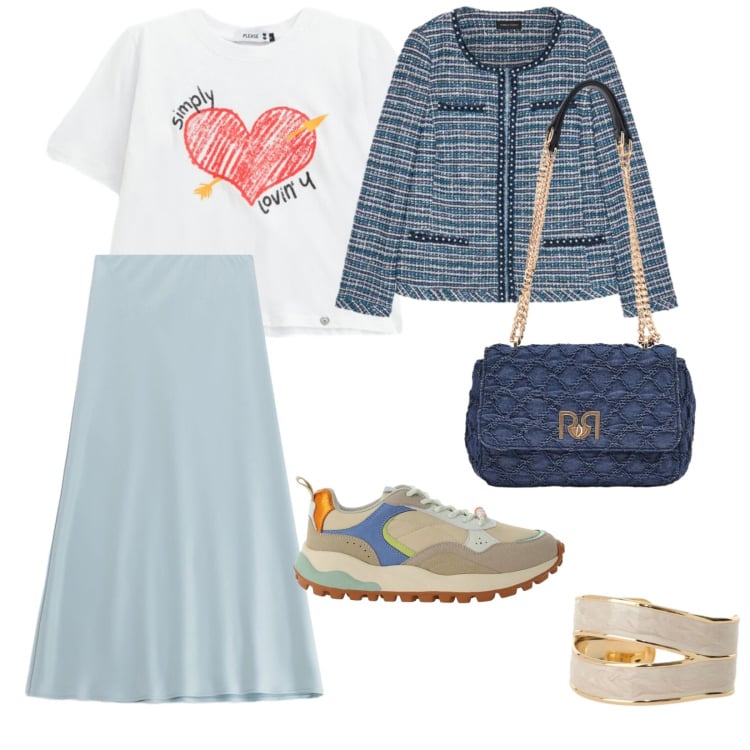 Outfit donna - Anello prezioso. per Tutti i giorni. Abbinamento con gonne lunghe, blazer, sneakers, anelli, t-shirt, borse a spalla.