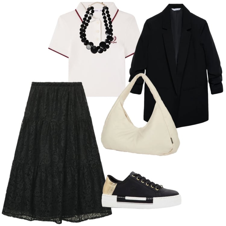 Outfit donna - Al lavoro. per Ufficio. Abbinamento con sneakers, gonne lunghe, polo, blazer, collane, borse a spalla.