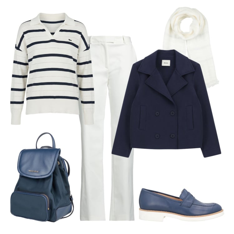 Outfit donna - Primavera quotidiana. Stile Minimal per Tutti i giorni. Abbinamento con mocassini, zaini, sciarpe, pantaloni, maglieria, blazer.