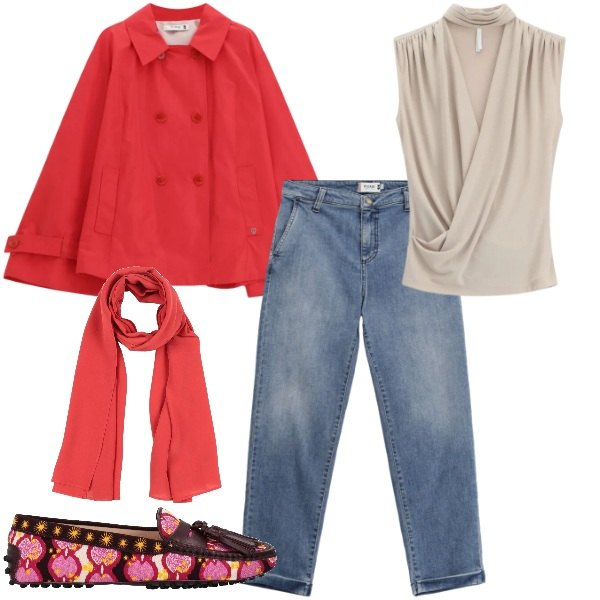 Outfit donna - Total look #2360061. Stile Casual chic per Tutti i giorni. Abbinamento con mocassini, sciarpe, top, giacche, jeans.