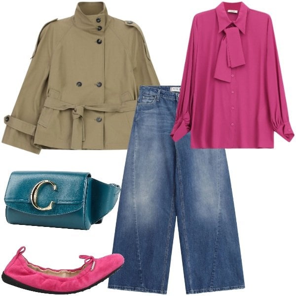 Outfit donna - Total look #2360062. Stile Casual chic per Tutti i giorni. Abbinamento con marsupi, ballerine, trench, camicie, jeans.