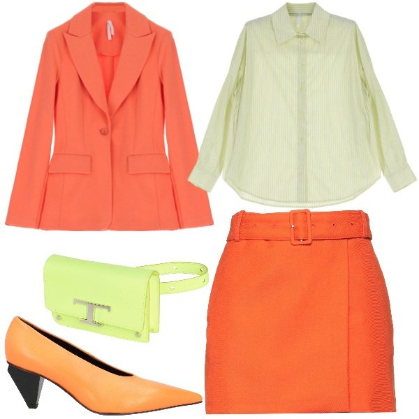 Outfit donna - Colori vitamina. Stile Trendy per Ufficio. Abbinamento con décolleté, minigonne, marsupi, camicie, blazer.
