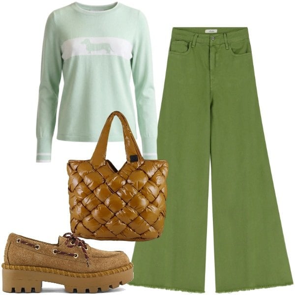 Outfit donna - Marzo. Stile Casual chic per Tutti i giorni. Abbinamento con maglieria, pantaloni, borse tote, mocassini.