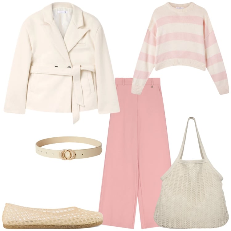 Outfit donna - Total look #2360068. Stile Casual chic per Scuola/Università. Abbinamento con cinture, maglieria, blazer, shopping bag, pantaloni a palazzo, ballerine.