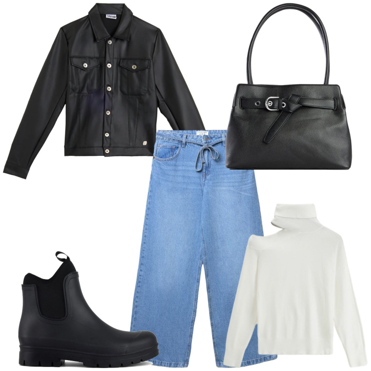 Outfit donna - Total look #2360070. Stile Casual chic per Tutti i giorni. Abbinamento con borse a mano, jeans, maglieria, giacche, stivali.