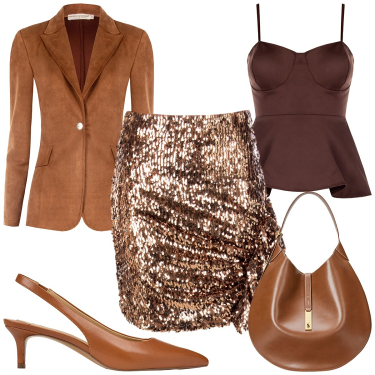 Outfit donna - Rinascimento: stasera glamour. Stile Glamour per Serata fuori. Abbinamento con blazer, minigonne, canottiere, borse a spalla, décolleté.