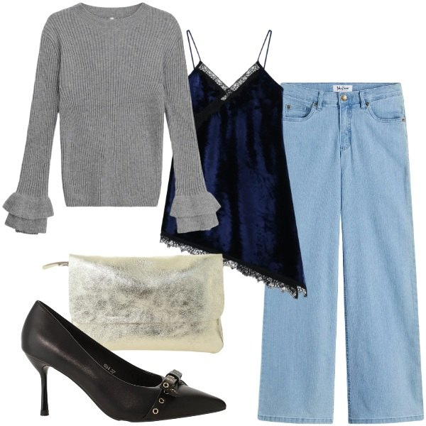 Outfit donna - Total look #2360073. Stile Casual chic per Serata fuori. Abbinamento con jeans, vestiti asimmetrici, maglieria, décolleté, borse a spalla.