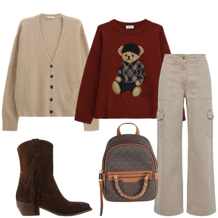 Outfit donna - Total look #2360074. Stile Casual chic per Scuola/Università. Abbinamento con zaini, pantaloni cargo, maglieria, cardigans, stivali.