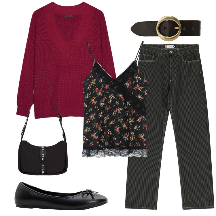 Outfit donna - Total look #2360076. Stile Casual per Scuola/Università. Abbinamento con ballerine, maglieria, top, braccialetti, borse a tracolla, pantaloni.