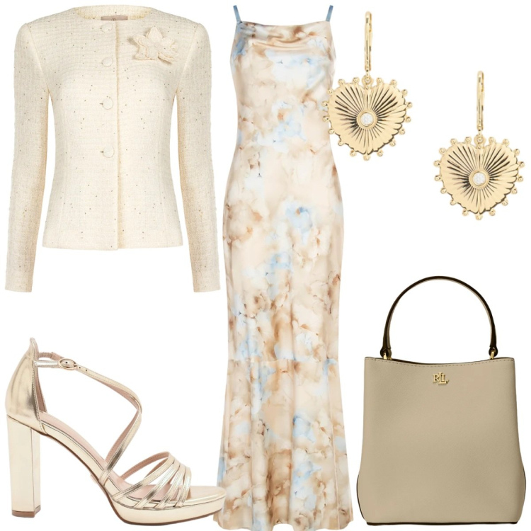 Outfit donna - Rinascimento: cerimonia glamour. Stile Glamour per Cerimonia. Abbinamento con blazer, sandali col tacco, vestiti lunghi, orecchini, borse a secchiello.