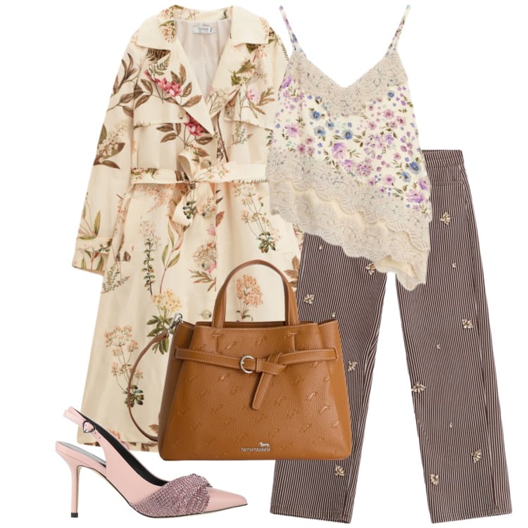 Outfit donna - Total look #2360083. Stile Chic per Tutti i giorni. Abbinamento con décolleté, borse a mano, top, pantaloni a palazzo, trench.