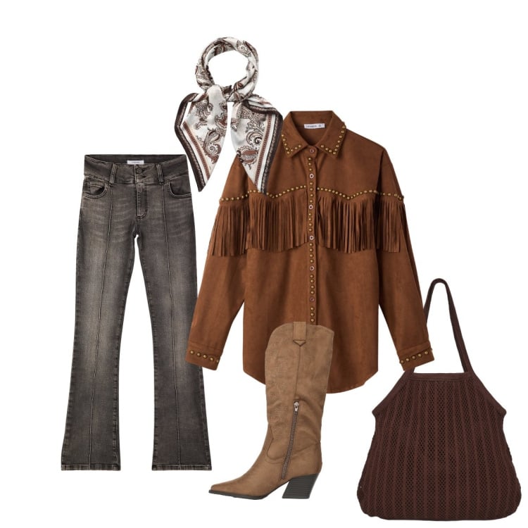 Outfit donna - Metropolitan western. Stile Urban per Tutti i giorni. Abbinamento con shopping bag, camicie, jeans, stivali, foulard.