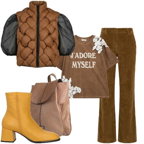 Outfit donna - Total look #2360087. Stile Urban per Tutti i giorni. Abbinamento con zaini, stivaletti, pantaloni, t-shirt, gilet.