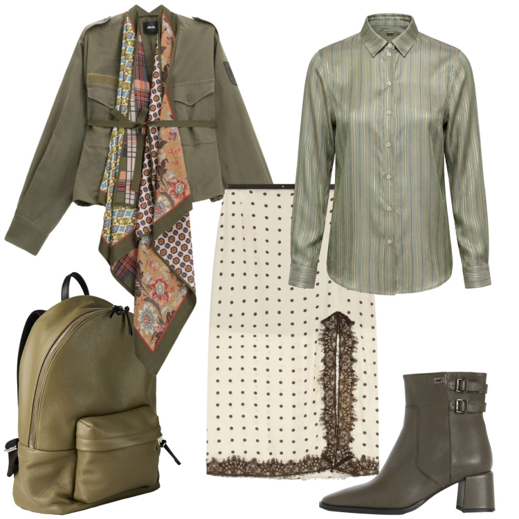 Outfit donna - Total look #2360101. Stile Boho per Ufficio. Abbinamento con zaini, camicie, stivaletti, gonne lunghe, blazer.