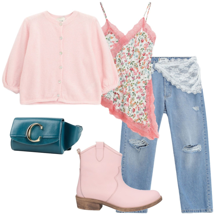 Outfit donna - Aperitivo con le amiche in pizzo e rosa. Stile Glamour per Serata fuori. Abbinamento con marsupi, stivaletti texani, canottiere, cardigans, jeans strappati.
