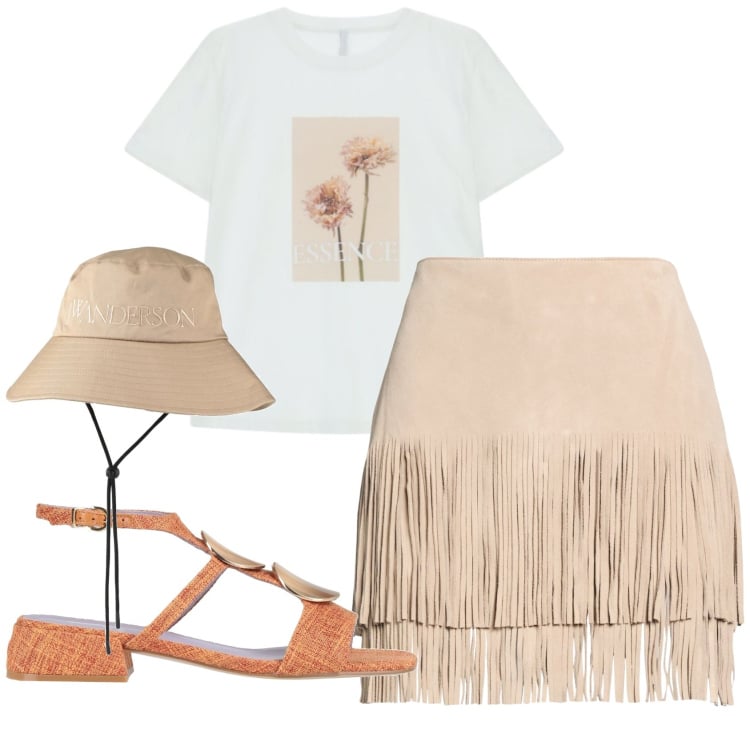 Outfit donna - Total look #2360117. Stile Basic per Tutti i giorni. Abbinamento con minigonne, cappelli, sandali in pelle, t-shirt.