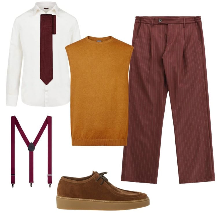 Outfit uomo - Pietro: in gessato regual-fit. Stile Casual per Ufficio. Abbinamento con pantaloni, scarpe stringate, camicie, gilet, bretelle, cravatte.