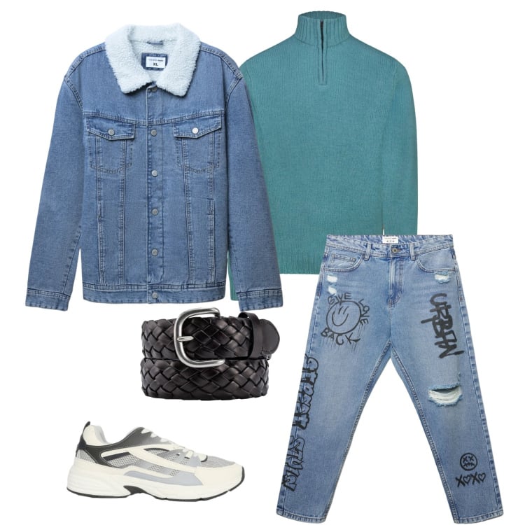 Outfit uomo - Denim Graffiti e Calore Sherpa. Stile Trendy per Tutti i giorni. Abbinamento con giacche, jeans strappati, sneakers, maglieria, cinture.