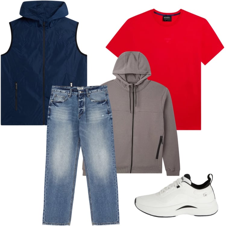 Outfit uomo - Active Layering. Stile Urban per Tutti i giorni. Abbinamento con jeans, felpe con cappuccio, sneakers, piumini, t-shirt.